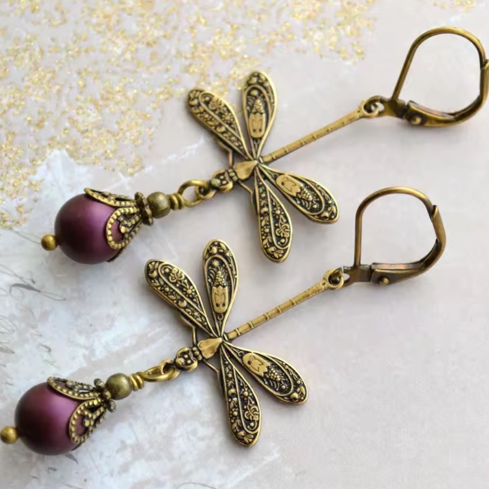 Antique Dragonfly Drop Earrings – Vintage Bronze Jewelry with Purple Beads